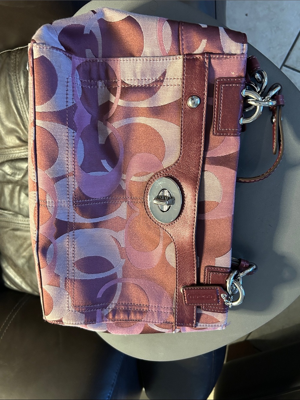 Coach Purple Signature Canvas Turnlock Shoulder Bag with Maroon Trim